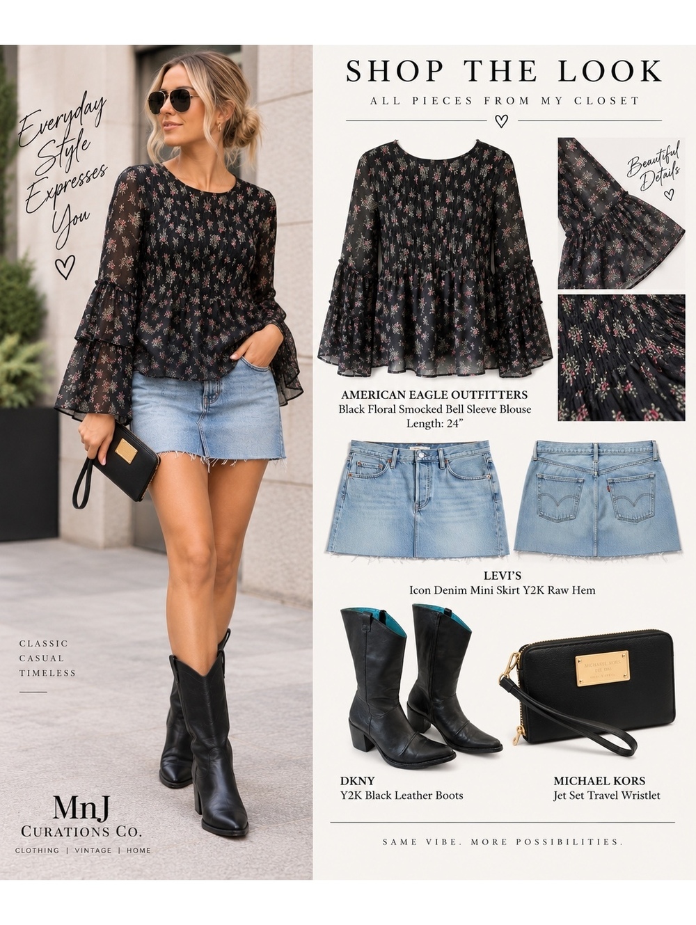 American Eagle Black Floral Smocked Sheer Chiffon Bell Sleeve Blouse Top Boho M